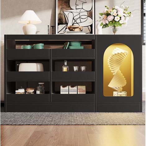 Anrichte MDF schwarz 120 x 40 x 75 cm mit 6 Schubladen, Glasoberseite, offener Präsentationsfläche und LED-Licht (1/5)