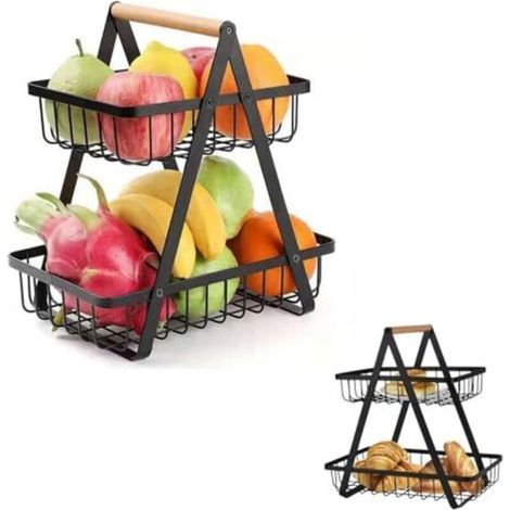 Obstkorb für die Küchentheke, Gemüsekorb für die Küche, Aufbewahrungskorb aus Eisen und Holz, zweistöckiger Obstorganizer, Brotkorb für die Küche (Schwarz) (1/5)