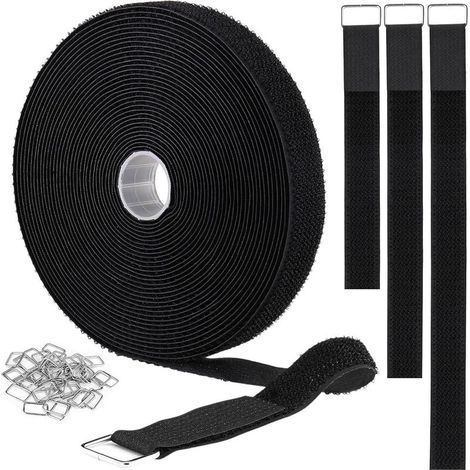 2.5CM x 5M Cable Ties, Non-Adhesive Cable Ties with 25 Metal Buttons, Adjustable Reusable Cable Ties for Tidying and Organizing All Cables, Black (1/5)