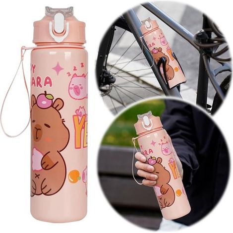 Botella de agua Capybara de 700 ml, Taza de viaje de gran capacidad, Vaso para beber con motivo de capibara, Con pajita y asa, Verde claro (1/5)