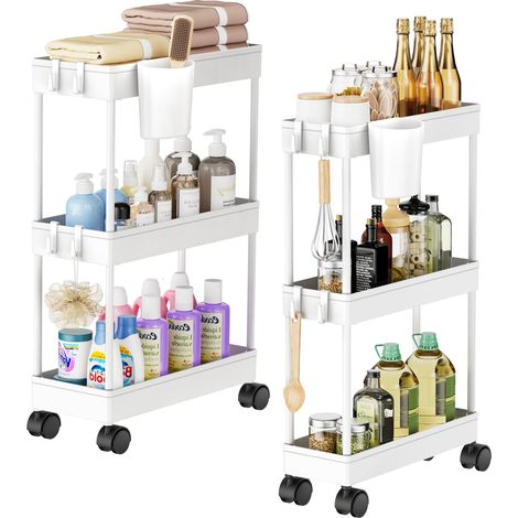 Lot de 2 Chariot de Rangement à 3 Niveaux à roulettes avec avec Crochets et suspendues Amovibles pour Salon/Salle de Bain/Salle de Bain/Buanderie/Cuisine/Bureau (Blanc) (1/5)