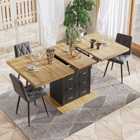Tavolo da pranzo allungabile 110/140 cm per 4-6 persone, tavolo da cucina o soggiorno con contenitore, 2 cassetti, MDF e metallo, legno naturale (1/5)