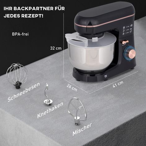 Robot pâtissier 6 vitesses avec bol inox 5,5 L noir, idéal pour pétrir, fouetter et mélanger toutes vos préparations avec puissance et élégance. (1/5)