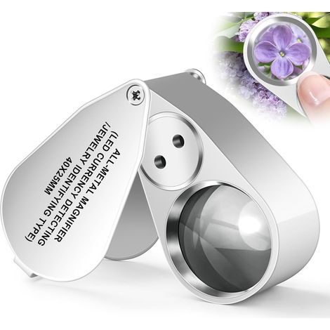 Lupa de joyero 40X, lupa de bolsillo plegable de metal iluminada con luz LED/UV, ideal para trabajos de precisión, joyas, monedas, piedras y sellos. (1/5)