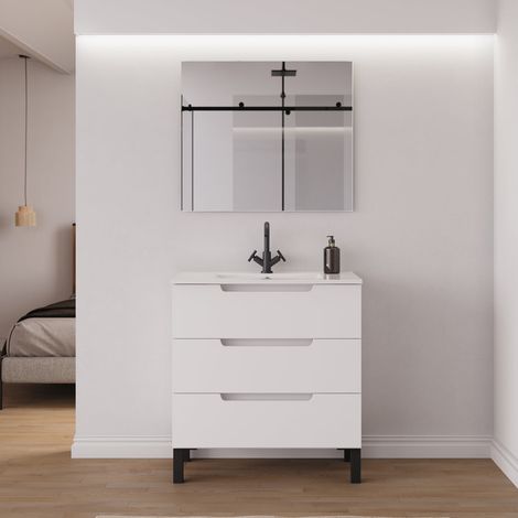 Meuble de salle de bain 60cm simple vasque - 3 tiroirs - blanc mat - RIZA (1/5)