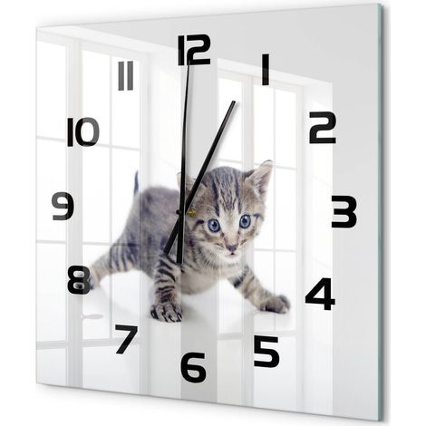Grande Horloge Murale Carrée Moderne Verre Trempé Quartz Silencieux Sans Tic-Tac Petit chat 60x60 cm (1/5)