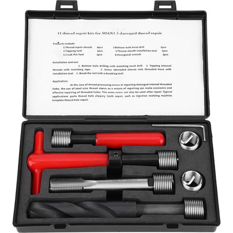 Kit de réparation de filetage 11 pièces en acier inoxydable: foret hélicoïdal, clé, taraud, outil de pose M16x1.5 (1/5)