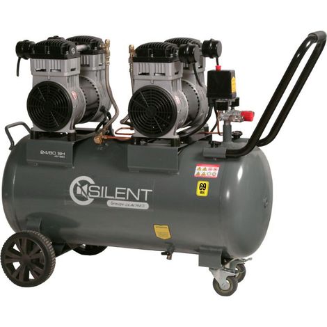 Lacme – Compresseur bicylindre silencieux 70L – Débit 24 m³/h – Pression 8 bars – Moteur 1,5 CV monophasé – Sans huile 69 dB(A) (1/6)