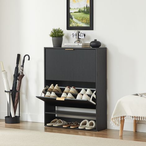 Schuhschrank 80 x 24 cm mit Klappen, kippsicher, Schwarz HAVRYA (1/5)