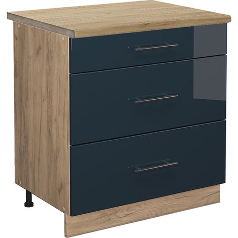 Meuble cuisine Fame-Line, Bleu foncé brillant, 80 cm avec 3 tiroirs, PT Chêne, Vicco (1/5)