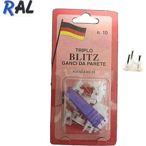 CONFEZIONE 10 GANCI BLITZ DA PARETE CON TRE PUNTE