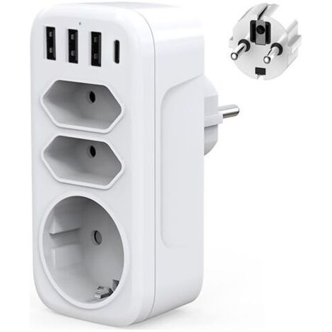 Multiprise Murale USB C Adaptateur Prise Electrique 4000W Chargeur USB Multiple avec 3USB + Type c, 1 Prise Schuko et 2 Prises Euro pour Maison,Cuisine et Bureau (1/4)