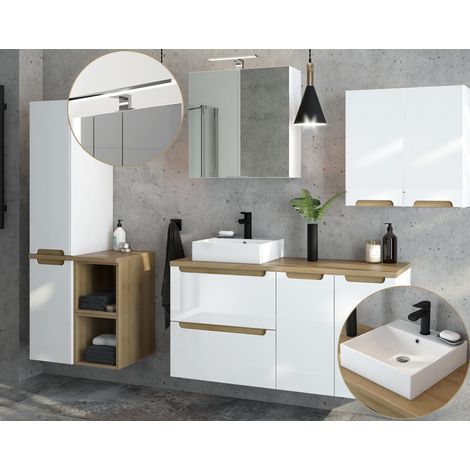 Badmöbel Komplett Set Hochglanz weiß mit Trüffel-Buche SOFIA-107 mit 40cm Keramik-Waschtisch & Spiegelschrank, B/H/T ca. 250/200/46 cm (1/5)