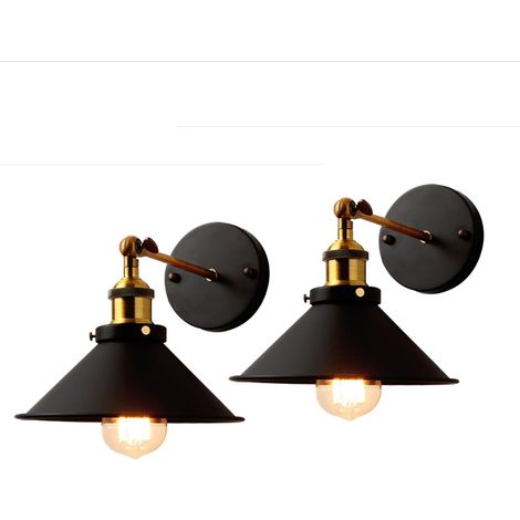 2er Wandleuchte, Vintage Industrielle Wandlampe aus Metall mit Ø22cm Lampenschirm für Schlafzimmer Wohnzimmer Esszimmer (Schwarz)