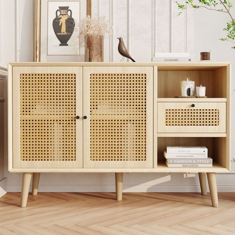 Aparador con 1 cajón y 2 puertas magnéticas, estante ajustable, MDF y ratán, 120x40x80 cm HAVRYA (1/5)