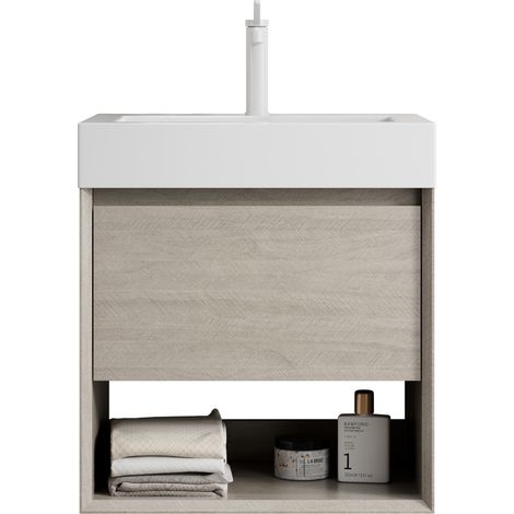 Mobile bagno sospeso 55 cm con lavabo in resina bianco e finitura rovere chiaro (1/5)
