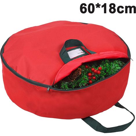 Sac de rangement pour couronne de Noël avec poignées, fabriqué en polyester Oxford 600D résistant. Convient aux couronnes de Noël de 60 cm de diamètre (rouge/vert). (1/5)
