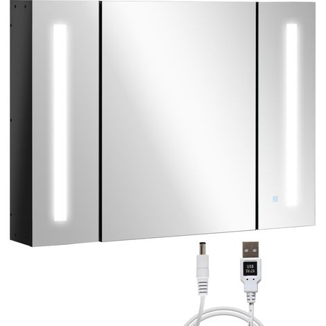 Armoire de toilette murale en MDF avec miroir, 3 placards, 3 étagères et éclairage LED, 90 x 15 x 65 cm, noire