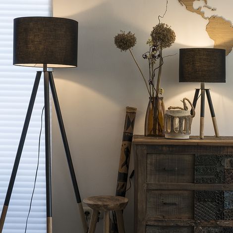 QAZQA + Lampada da tavolo tripode pip - Moderno - Legno - Nero/Marrone - Tondo Max. 1 x Watt (1/5)