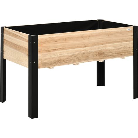 Bac à plantes surélevé en bois massif et acier 120x60x74 cm naturel et noir pour jardin et balcon (1/5)