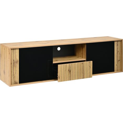 TV-Lowboard 180 cm mit LED, 2 Türen, 1 Schublade, MDF und Spanplatte, Schwarz/Natur (1/5)