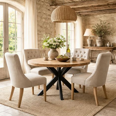 Table ronde bois clair pied croisé métal noir Ø130 cm RIVANO