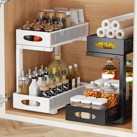 Étagère de rangement de cuisine à 2 niveaux, organiseur sous évier, organiseur de tiroir coulissant réglable en hauteur, rangement sous évier pour armoires de cuisine et de salle de bain - Blanc