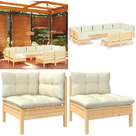 9-tlg. Garten-Lounge-Set mit Creme Kissen Massivholz Kiefer - Gartenzubehör - Lounge Set - Gartenmöbel - Outdoor Möbel - Rattan Gartenmöbel - Home & Living (1/5)