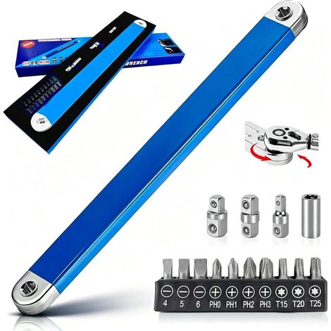 Clé D'Extension Décalée,Angle Fix Pro Outil,Cle Extension Decalee Avec jeu d'embouts de tournevis,Adaptateurs Carrés de 1/2", 1/4" et 3/8", Douille D'entraînement, Clé à Cliquet pour Petits Espaces (1/5)