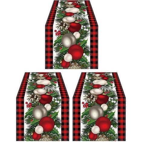 Chemin de table de Noël en lin à carreaux rouges et noirs, 3 pièces, 183 cm de long, décoration de table hivernale et de Noël. (1/5)