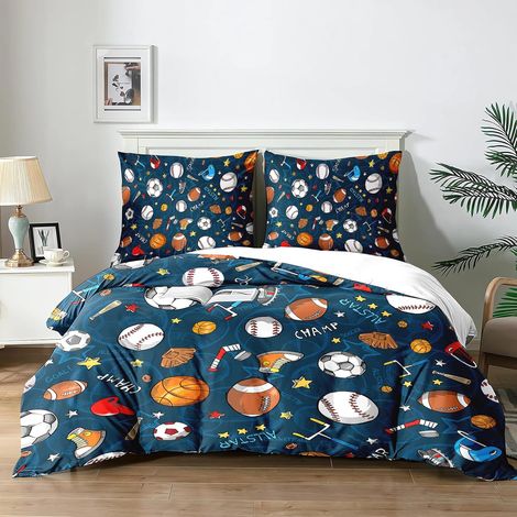 Housses de Couette Football Enfant 200x200cm Parure de Lit Sport Football Motif pour- Housses en Microfibre lavables en machineavec Fermeture Éclair et 2 Taies d'oreiller 65x65cm (F7x200) - 200x200 (1/5)
