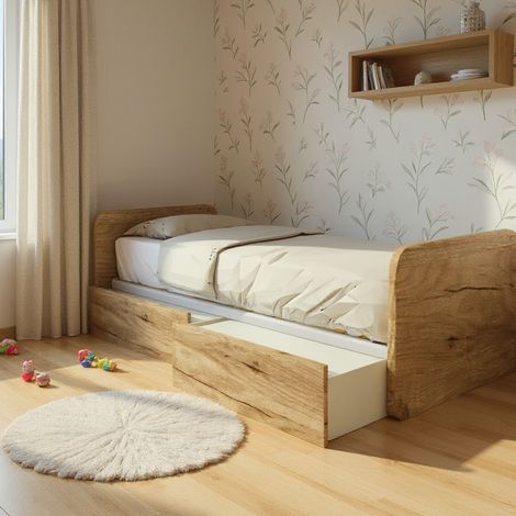 Letto singolo con cassetti 80x190 per cameretta - Design personalizzabile - Quercia