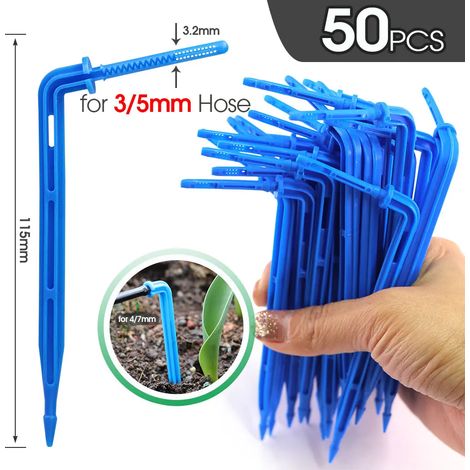 (A-50PCS) 50 arroseurs goutte-à-goutte bleus de 3/5 mm avec coude pour tuyau d'arrosage, 1/8'', pour serre, bonsaï et micro-irrigation, économisant l'eau (1/5)