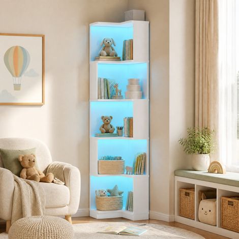 Libreria angolare bianca 63,5 x 45 x 175 cm in MDF con LED RGB controllati da app, 5 ripiani, OKWISH (1/5)