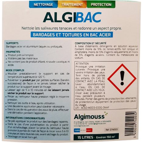 ALGIBAC - 15 LITRES - Nettoyant bardage ALGIMOUSS - 074003