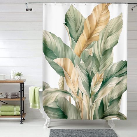 Rideau de douche motif feuilles de caoutchouc, œillets plastique, résistant (1/5)