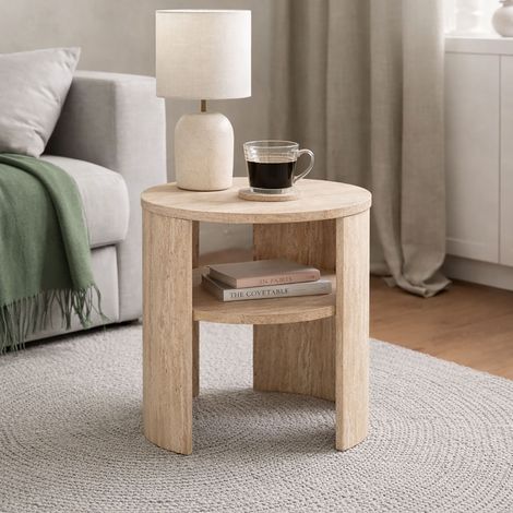 Table d'appoint double plateau ronde 35x35x40 cm effet travertin (1/3)