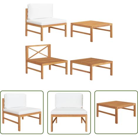 The Living Store Salon de jardin 2 pcs avec coussins crème Bois de teck - Meubles De Jardin - Salon De Jardin - Set De Jardin - Mobilier Extérieur - Table Basse (1/5)