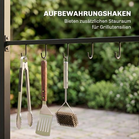 Pavillon de barbecue, auvent pour barbecue, protection contre la pluie, crochets pour ustensiles, structure en acier, beige et noir, 215 x 150 x 182/220 cm (1/5)
