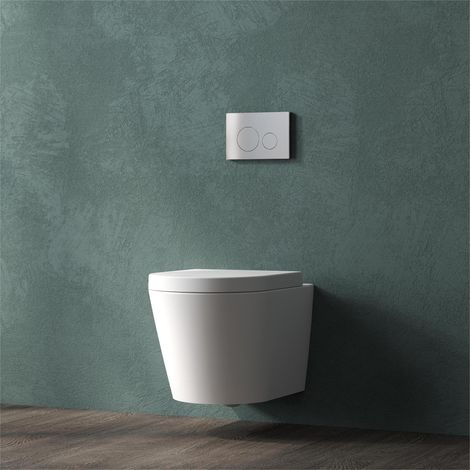 Bathroom Rimless Wall Hung Toilet Soft Close Seat Modern Round Pan WC White Ceramic