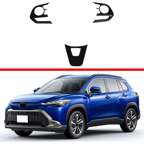 Drei glänzend schwarze Kunststoff-Lenkradblenden für die Corolla Cross Modelle der Baujahre 2022, 2021 und 2020. (1/4)