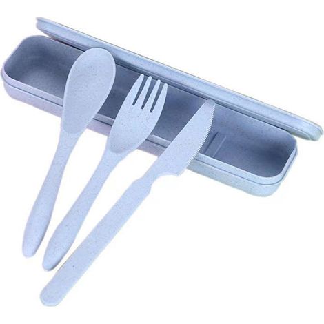 Ensemble de couverts en paille de blé, moderne et portable, avec boîte, idéal pour le bureau, l'école et les pique-niques (bleu).