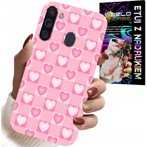 Schutzhülle für Samsung Galaxy A21 – Rosa karierte Hülle mit Herzchenmuster + Schutzfolie (1/5)