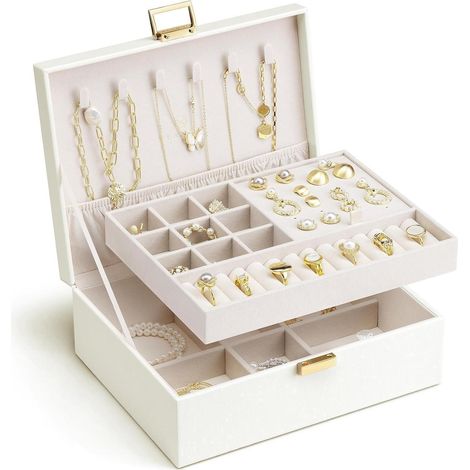Schmuckkästchen 2 Ebenen mit abnehmbarem Tablett, Schmuckaufbewahrung für Damen, Beige (1/5)