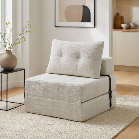 Divano letto pieghevole 79x79x57 cm, con cuscino per testa e zona lombare, schiuma ad alta densità, in chenille beige (1/5)