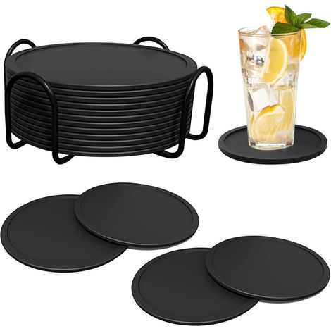 12er Set Silikon Untersetzer mit Halter, Dunkelgrau, Rutschfest & Waschbar (1/5)