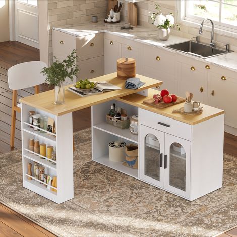 Îlot de cuisine 2-en-1 136x50x78 cm avec table pivotante à 360° Table de bar avec tiroir, étagères, rangement, portes vitrées, MDF, blanc (1/5)