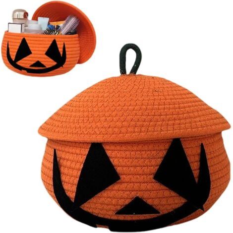Panier à citrouille avec couvercle, bacs de rangement d'Halloween avec couvercles, panier de rangement de bonbons d'Halloween, paniers tissés pour le rangement, panier en corde tissée pour enfants, bé (1/4)