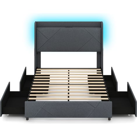 COSTWAY Double Size 4FT6 Bed Frame Upholstered Platform Bed with LED Lights