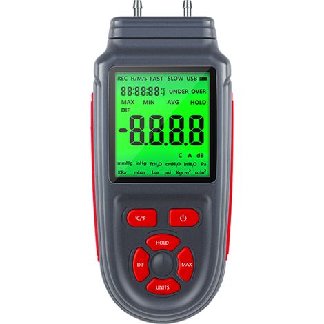 Manomètre numérique, testeur de pression d'air et de gaz à double port, manomètre différentiel avec écran LCD rétroéclairé, alimenté par batterie ou câble USB, prend en charge la mesure de la températ (1/5)
